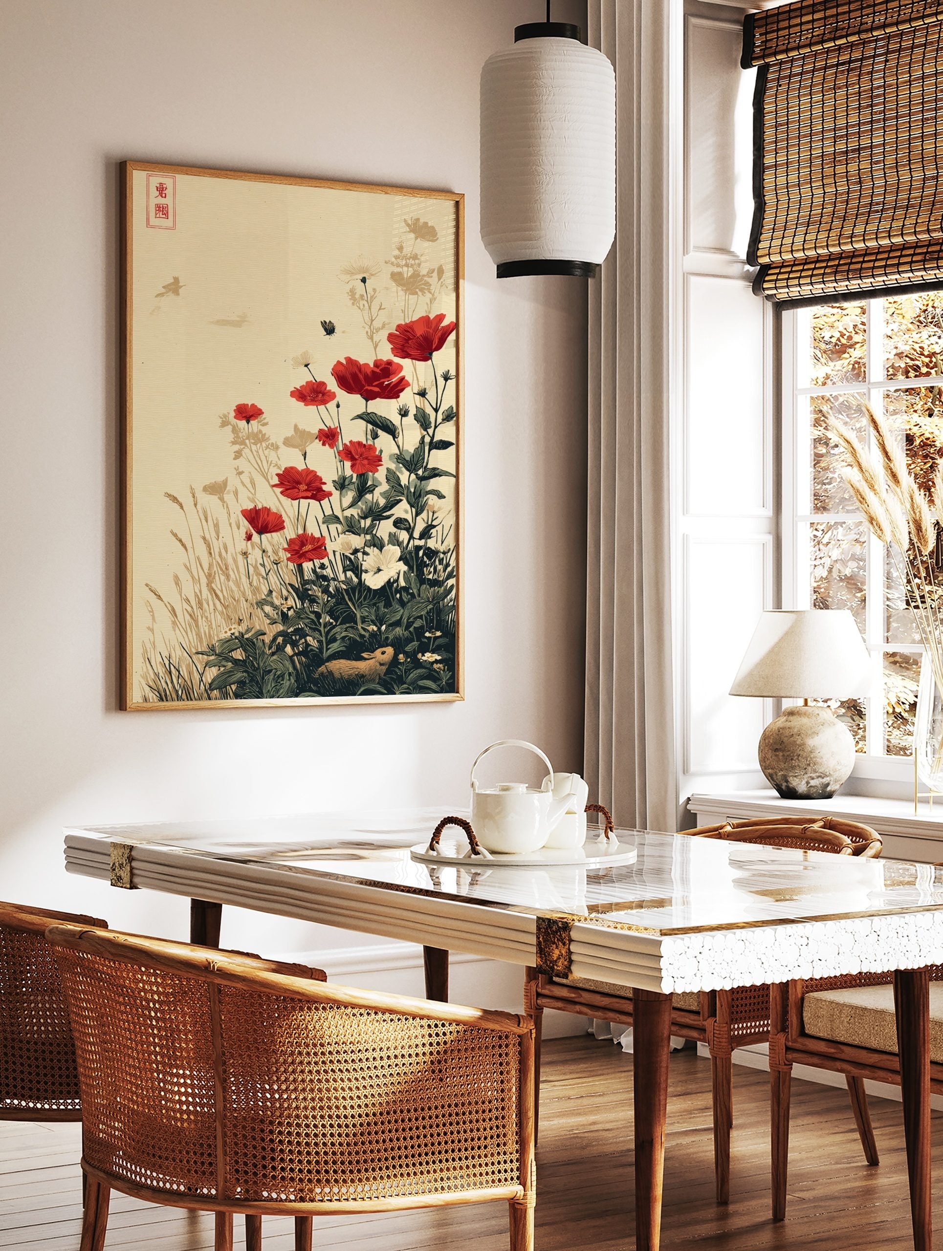Illustrative print of red poppies, white flowers, green foliage, a brown rabbit, and flying birds, in a styled room mockup