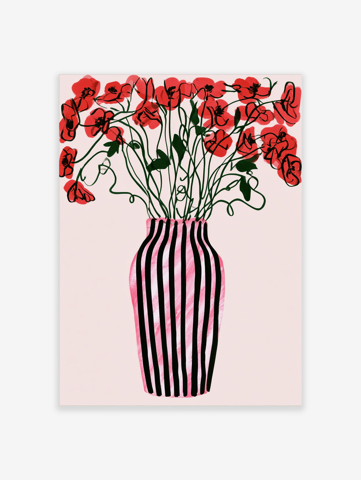 Red poppy flower art print with pink and black striped vase on light background