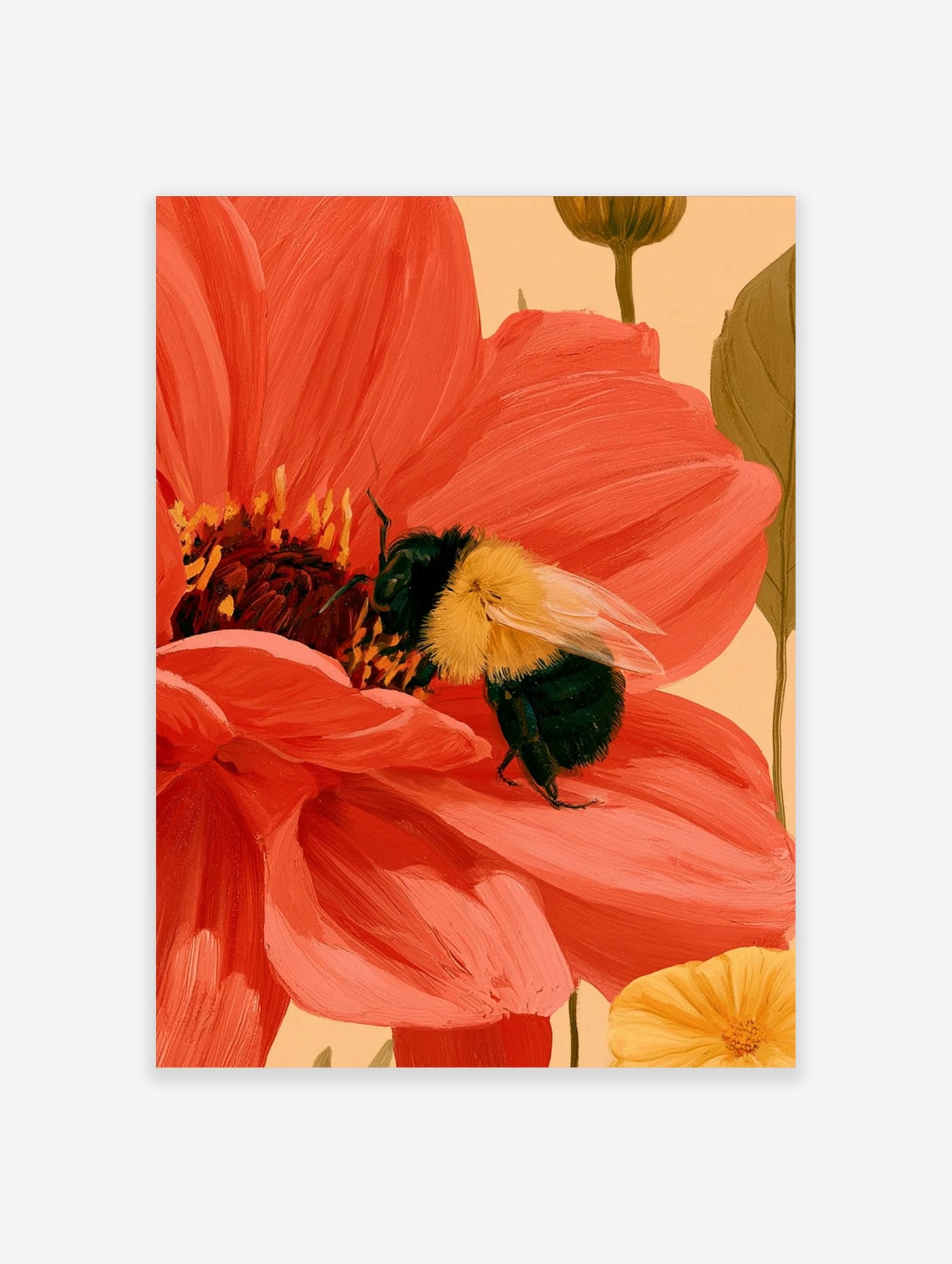 Close-up painting of a red poppy with a bumblebee on its petals, yellow and black bee, cream background