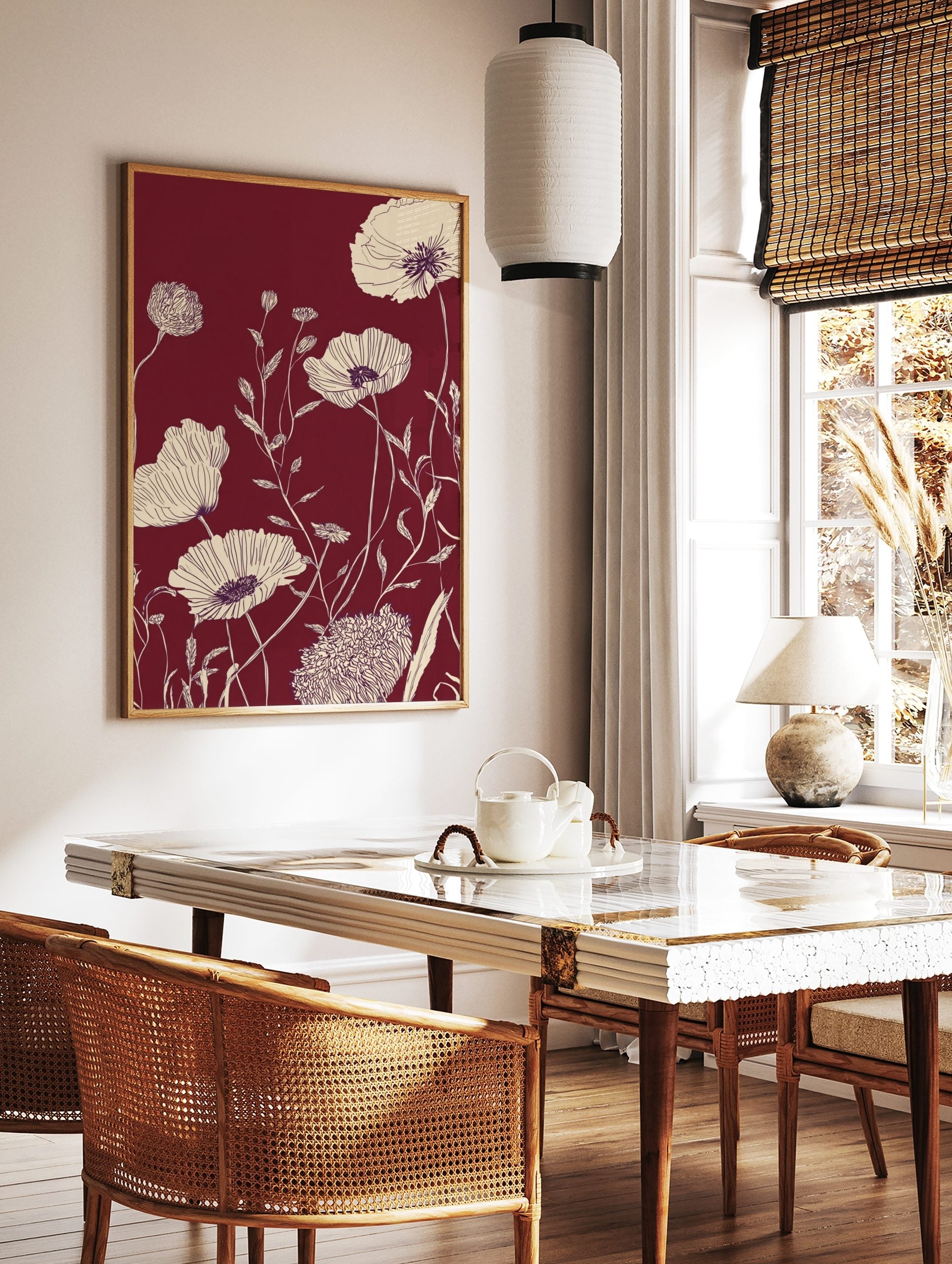 Cream line art poppy flowers and foliage on a deep maroon background in a botanical illustration, in a styled room mockup