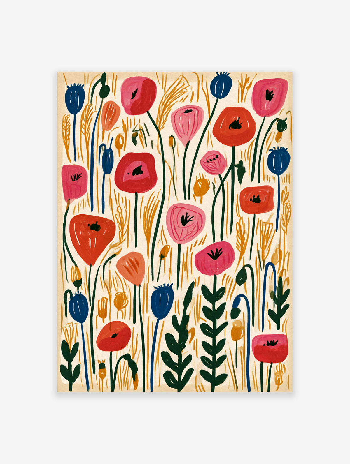 Colourful poppy field art print with red pink and blue flowers on green stems