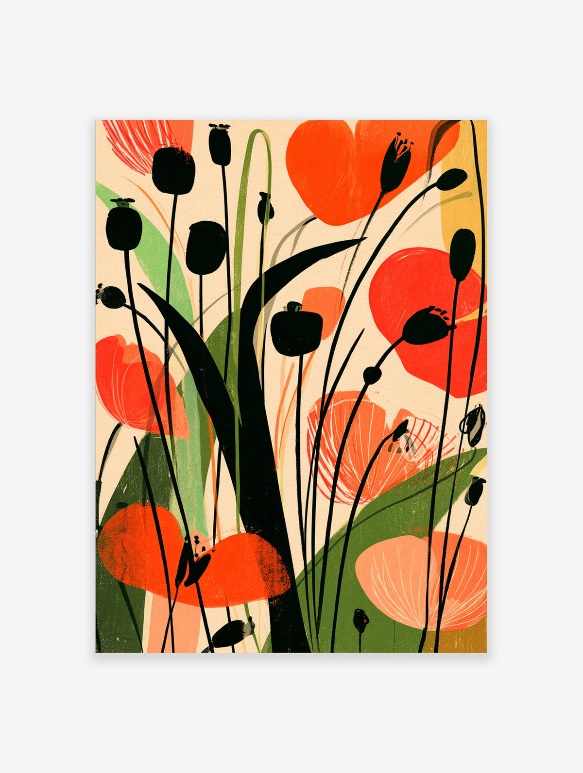 Red and orange poppy flower poster with black stems and green leaves on a cream background