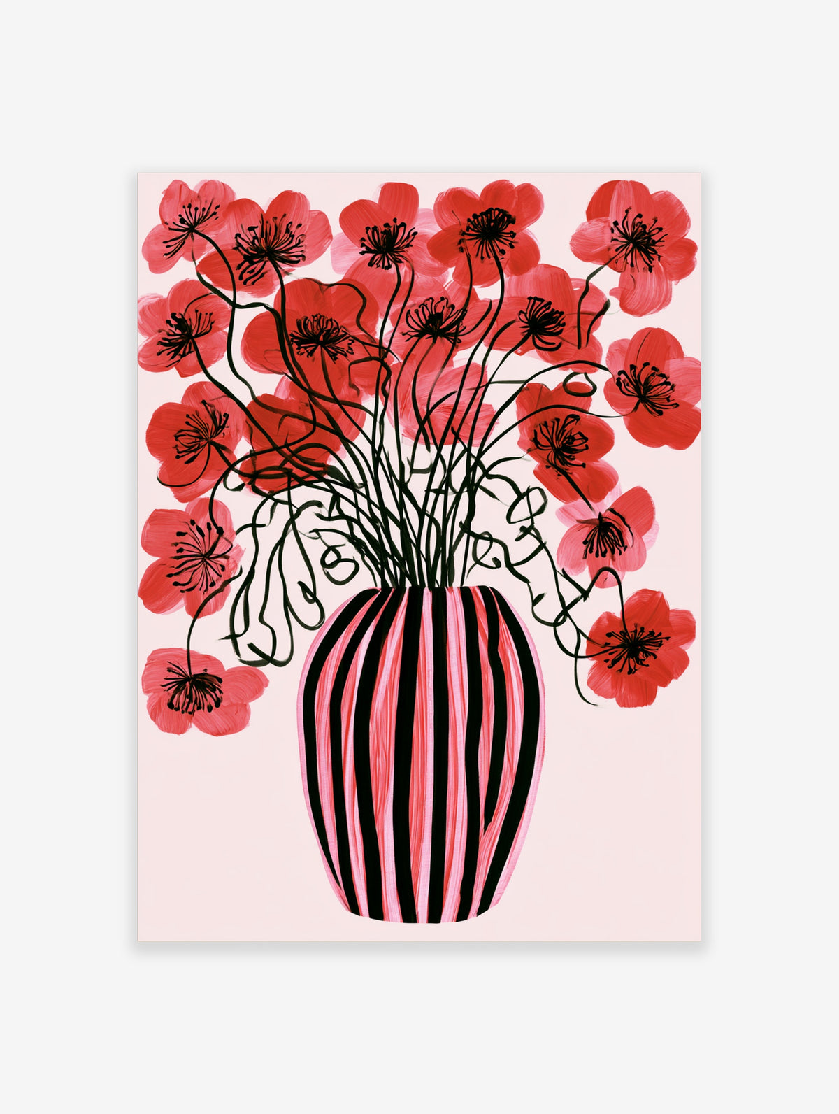 Red poppy flowers with black stems in a pink and black striped vase on a pale background