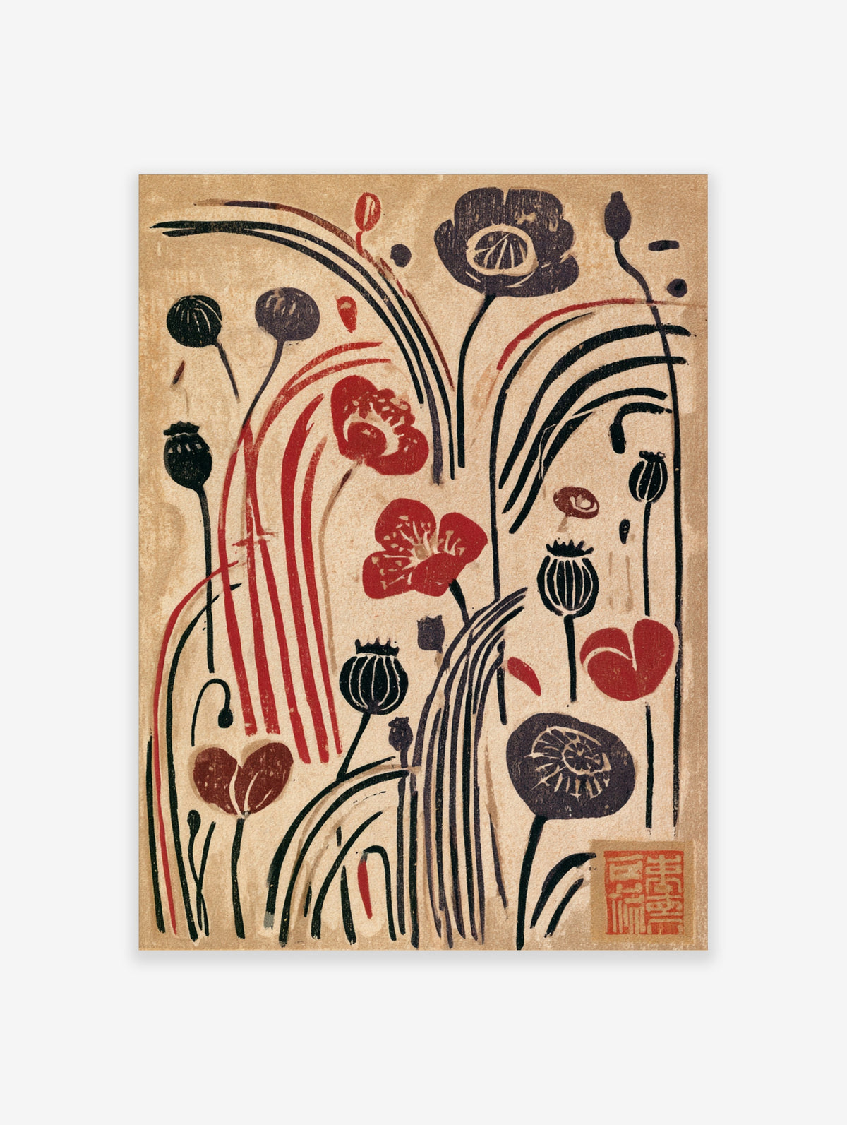 Red poppy flower poster with black seed pods and stems on a tan background