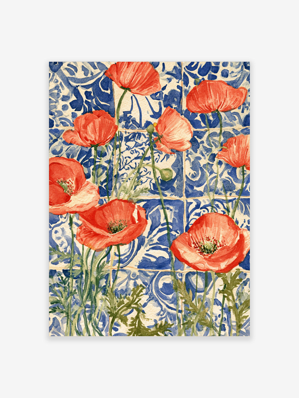 Red poppy watercolour flowers over blue and white tile pattern botanical poster