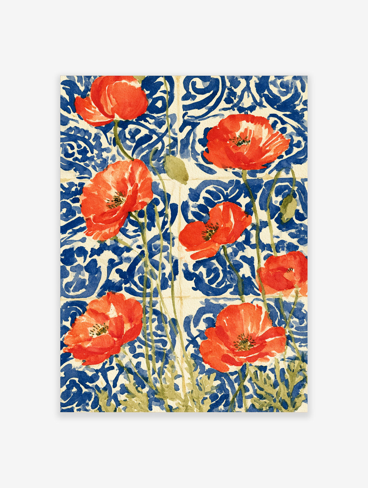 Red poppy watercolour flowers on blue and white tile pattern art print