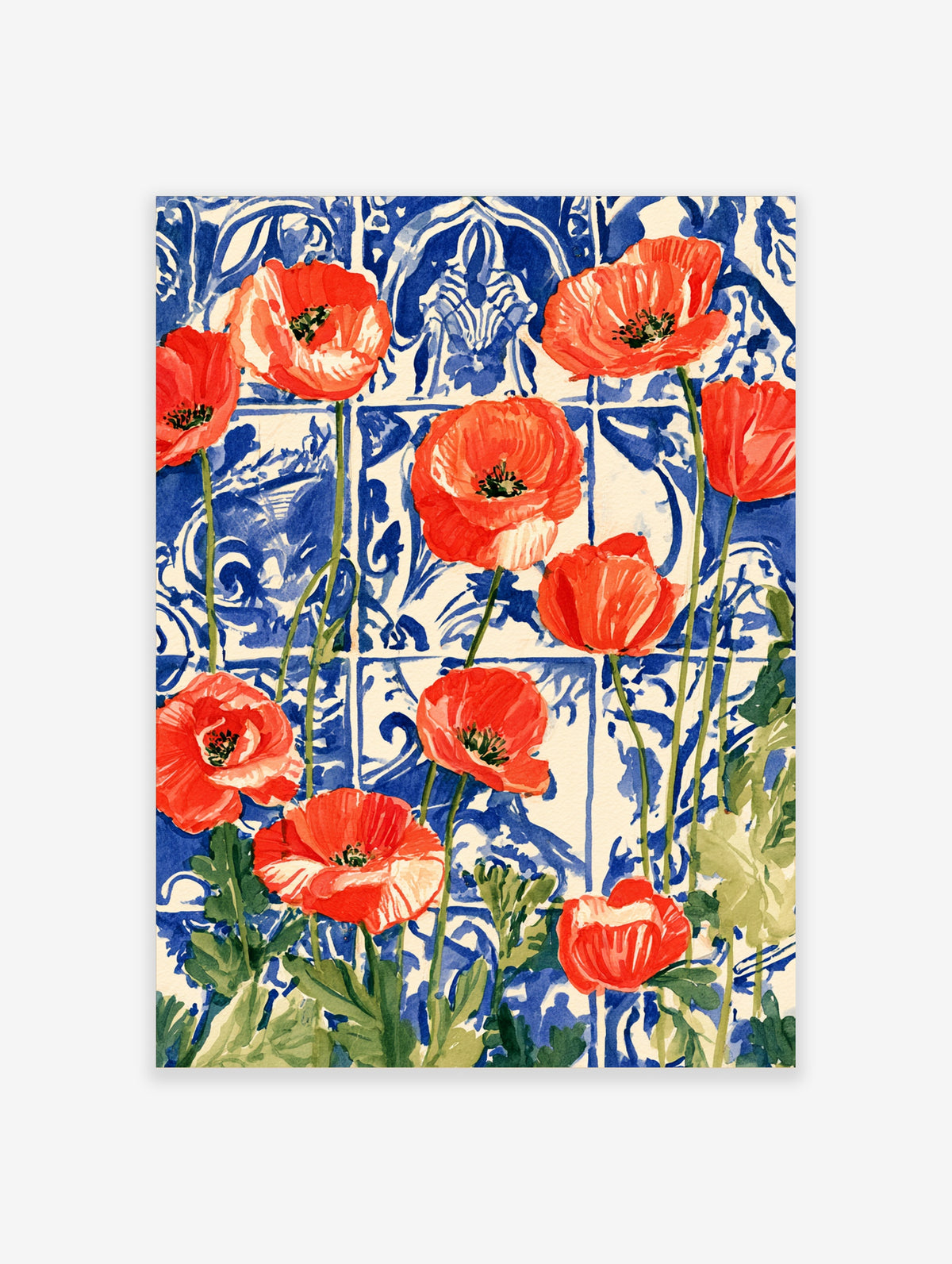 Red poppy flowers watercolour art print against blue and white tile pattern background