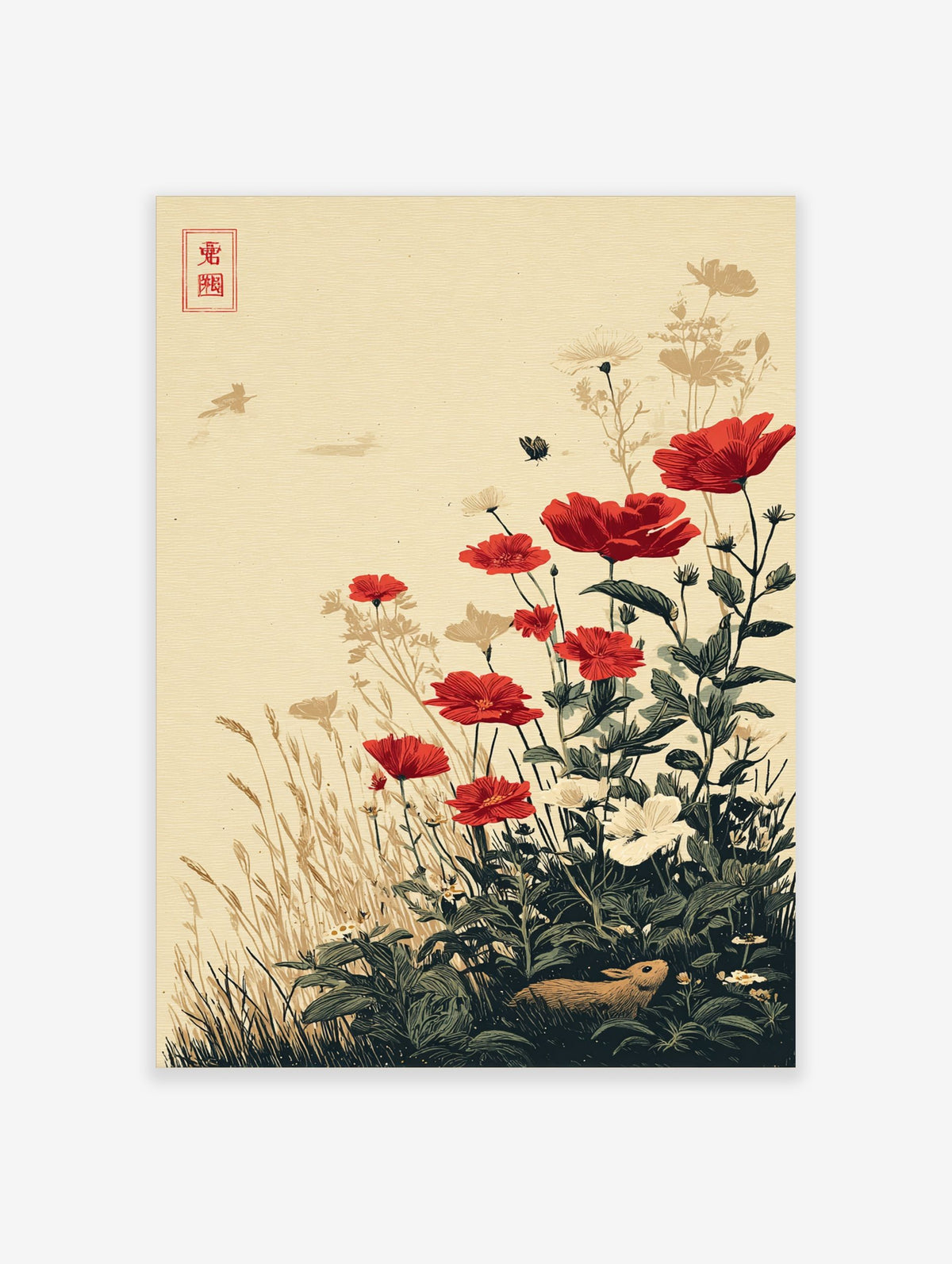 Red poppy flower botanical illustration with grasses, rabbit, butterfly, and a red stamp on a beige background