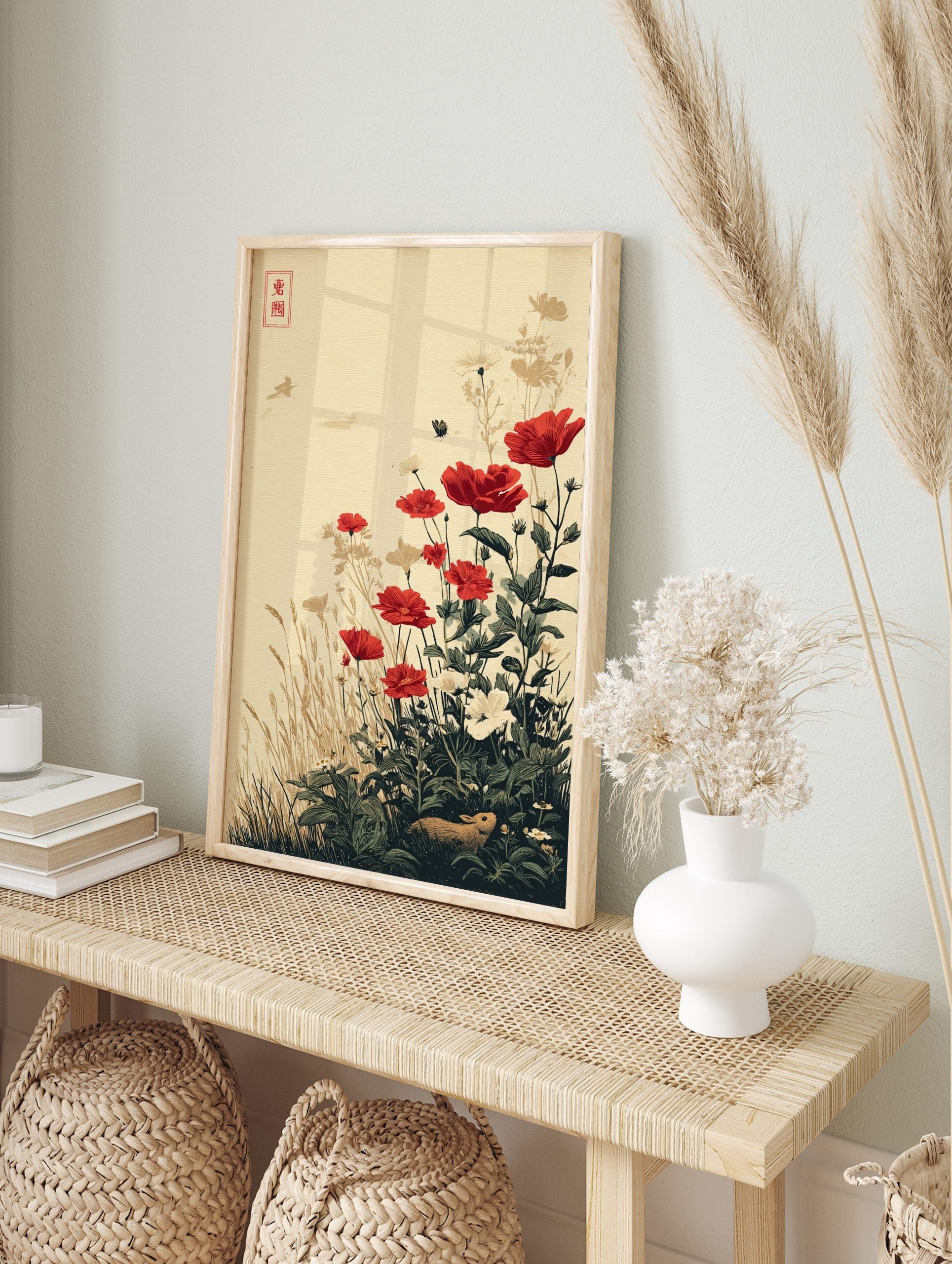 Red poppy flower botanical illustration with grasses, rabbit, butterfly, and a red stamp on a, in an alternate framed mockup