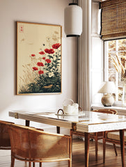 Red poppy flower botanical illustration with grasses, rabbit, butterfly, and a red stamp on a beige, in a styled room mockup