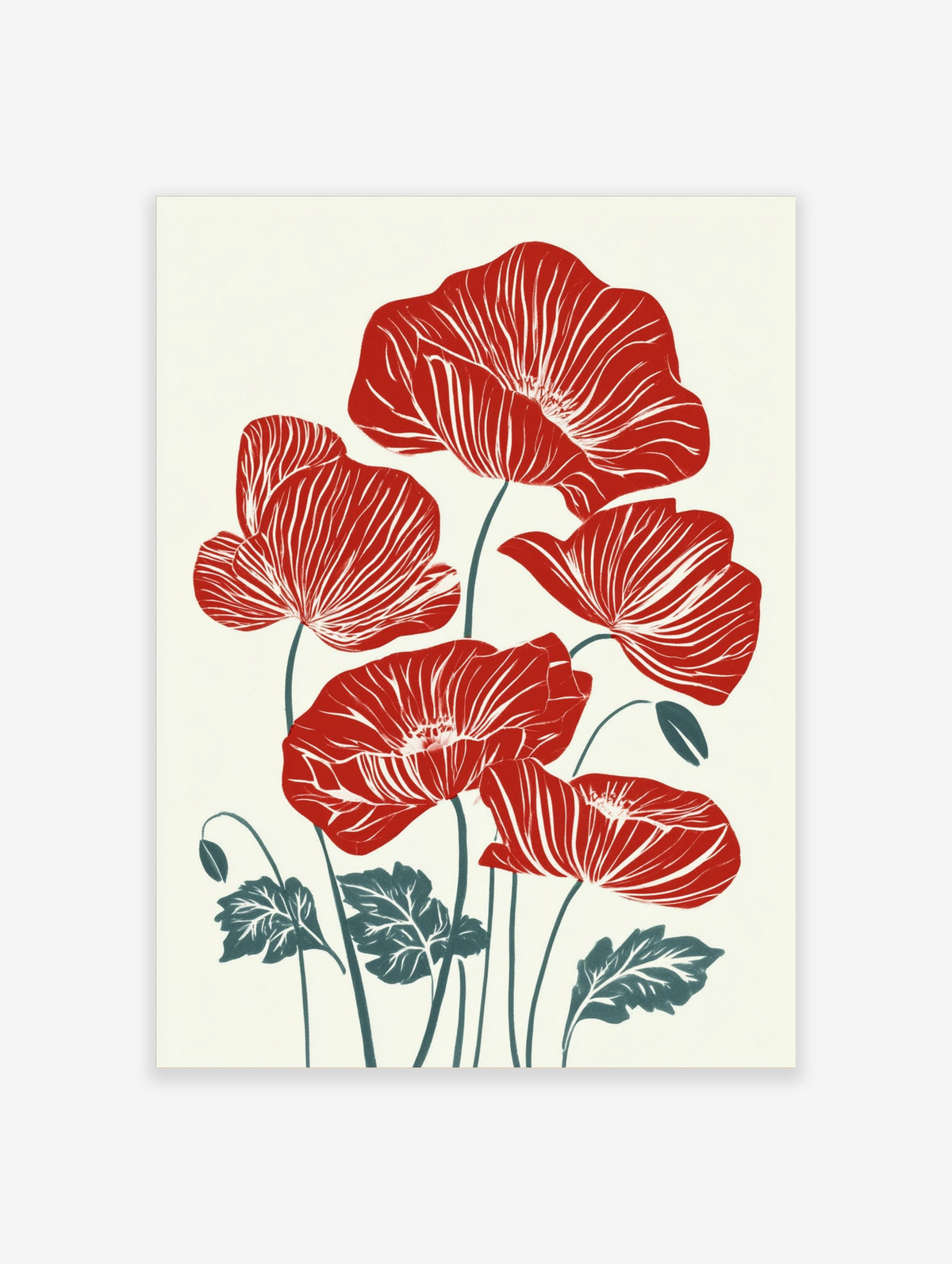 Red poppy flower botanical illustration art print with green stems on cream background