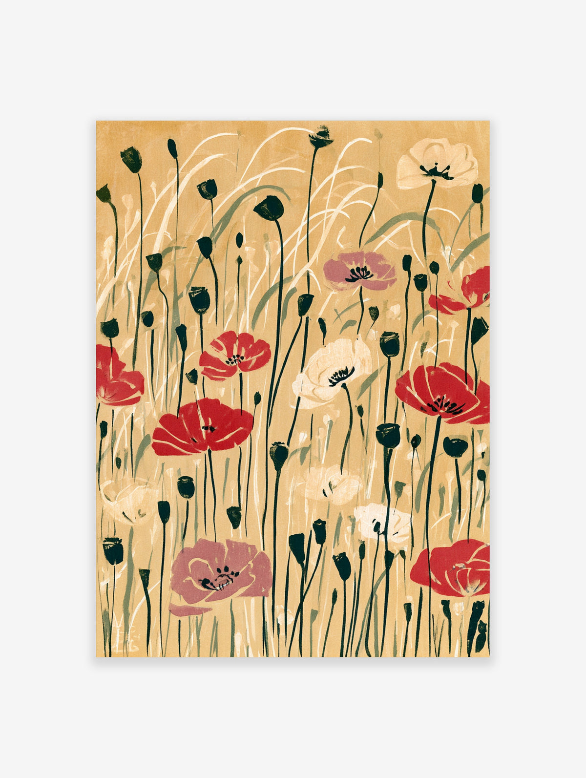 Red poppy flower illustration with tall stems and dark seed pods on a beige background