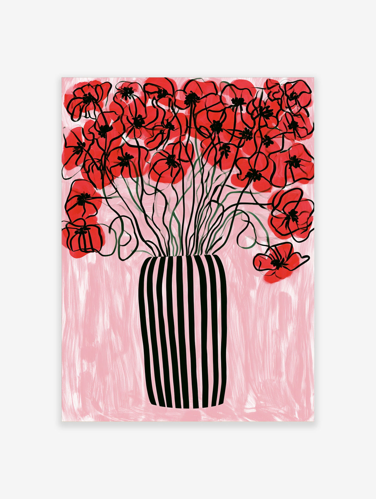 Red poppy flowers in a black and white striped vase on a pink background, floral wall art print