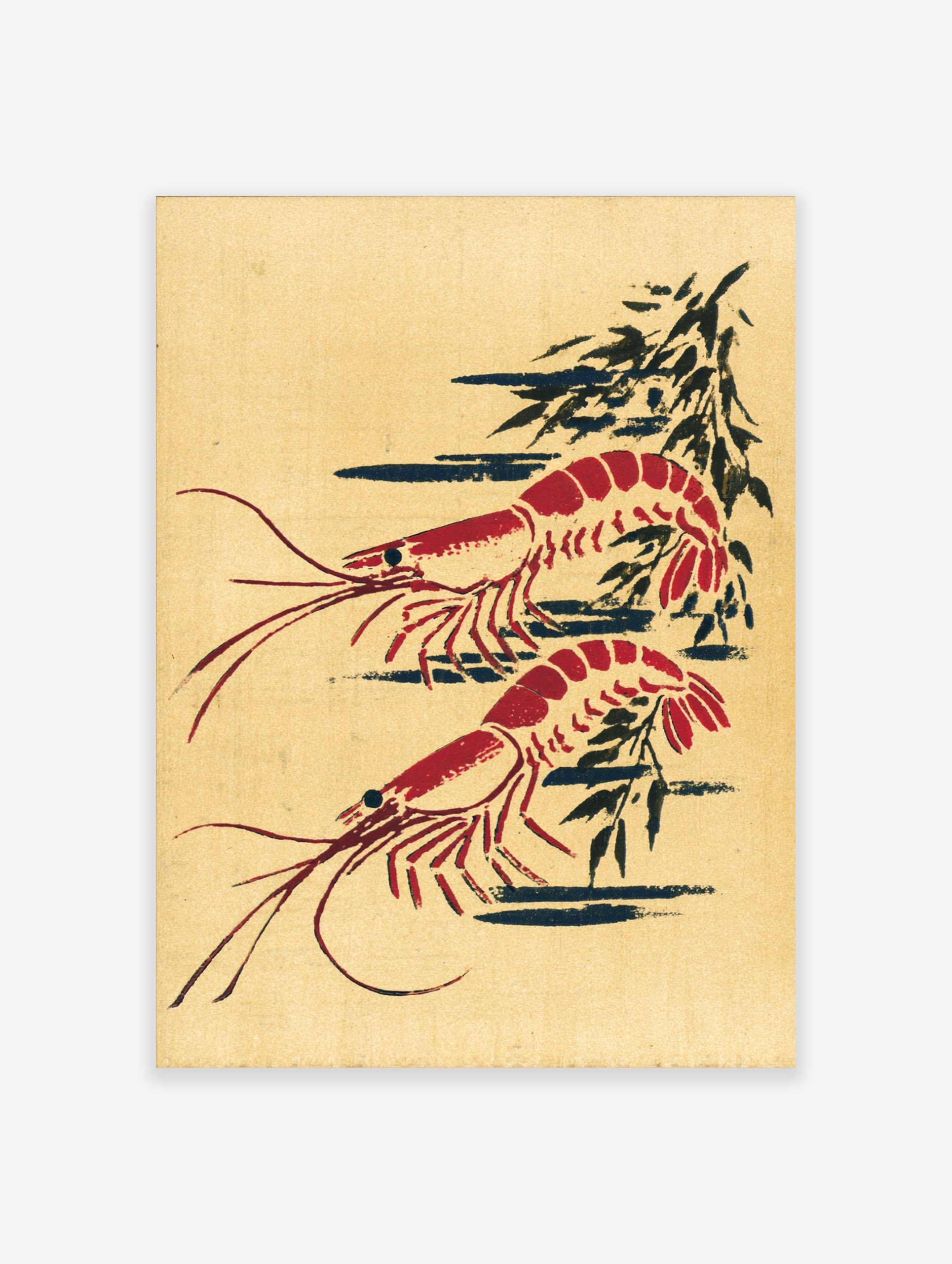 Red prawn wall art print with two illustrative shrimp and dark abstract shapes on a beige background