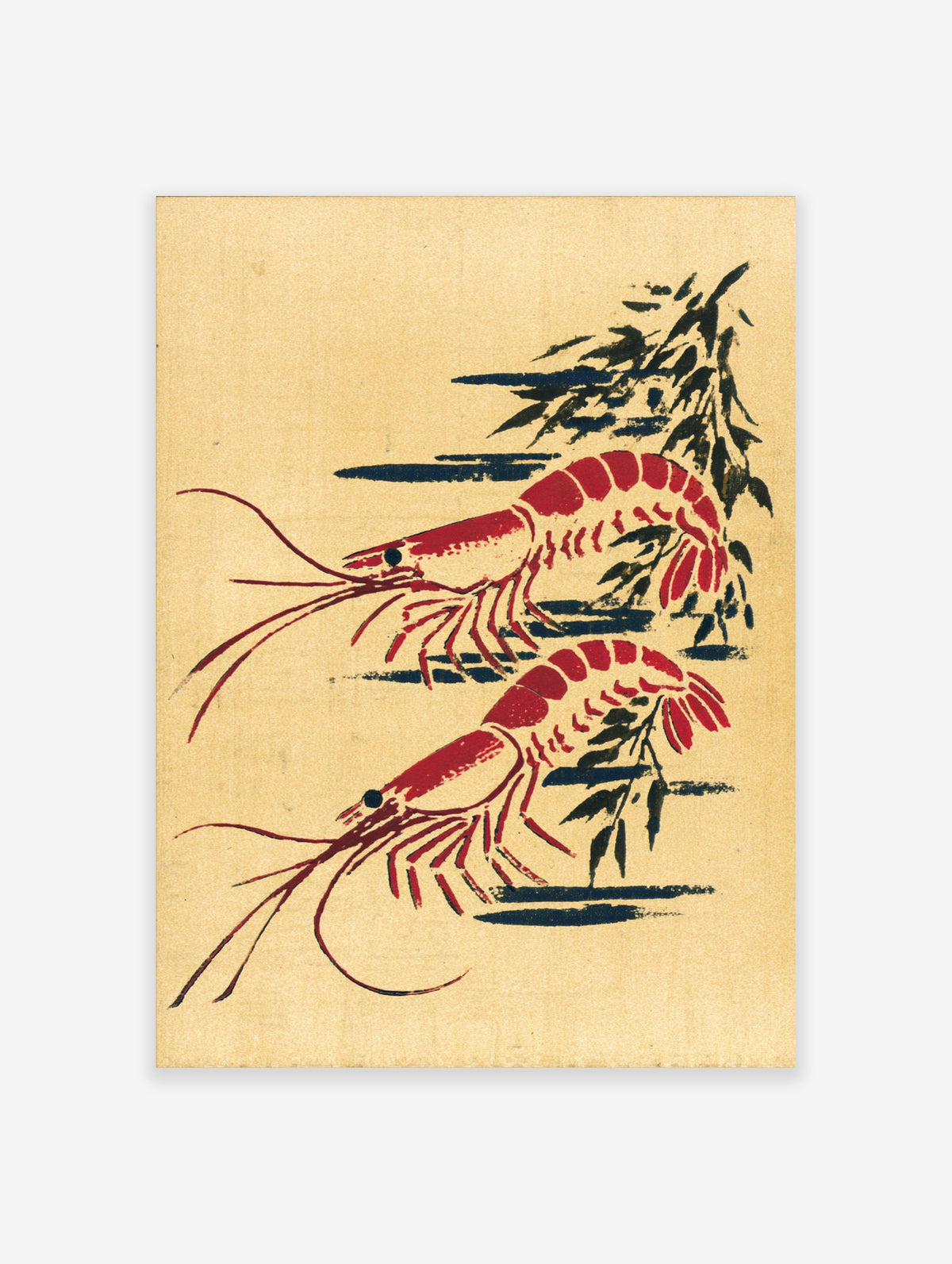 Red prawn wall art print with two illustrative shrimp and dark abstract shapes on a beige background