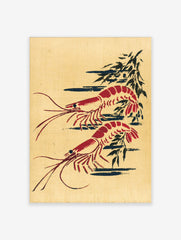 Red prawn wall art print with two illustrative shrimp and dark abstract shapes on a beige background