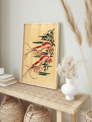 Red prawn wall art print with two illustrative shrimp and dark abstract shapes on a beige, in an alternate framed mockup