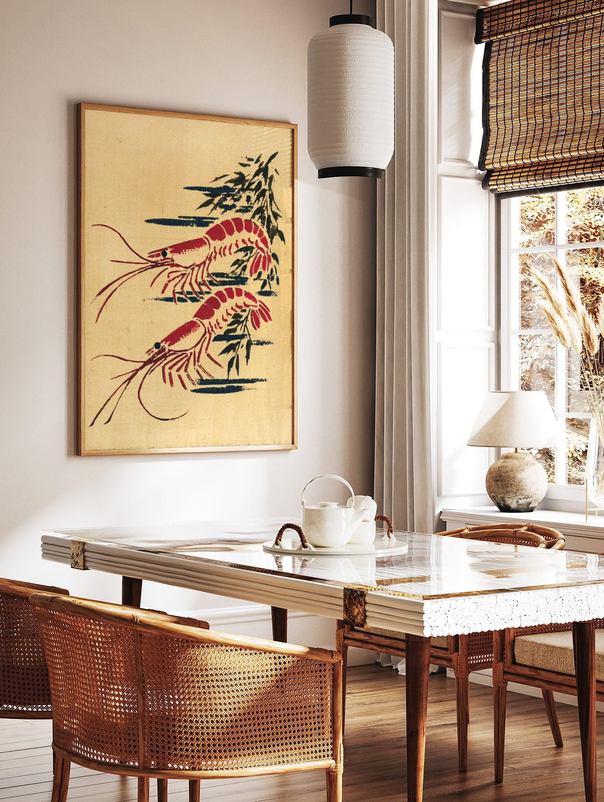 Red prawn wall art print with two illustrative shrimp and dark abstract shapes on a beige background, in a styled room mockup