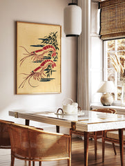Red prawn wall art print with two illustrative shrimp and dark abstract shapes on a beige background, in a styled room mockup