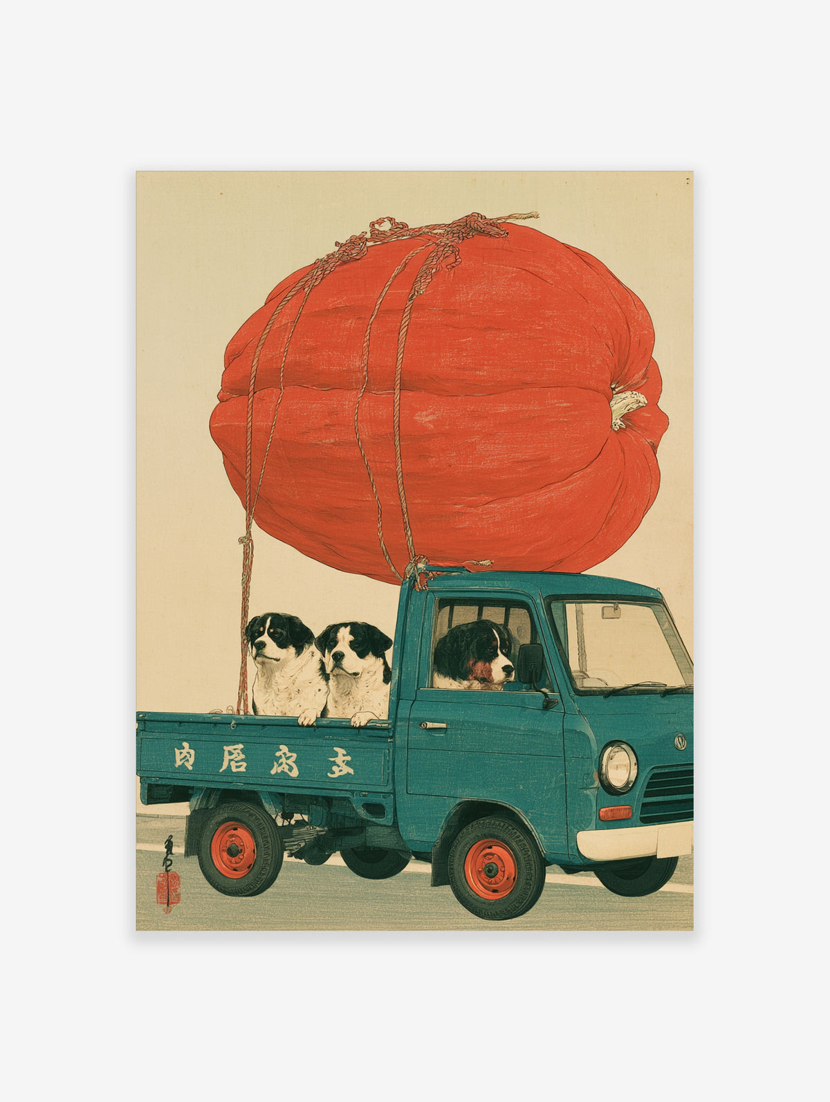Japanese art print of a teal truck carrying a giant red pumpkin with three dogs and kanji text