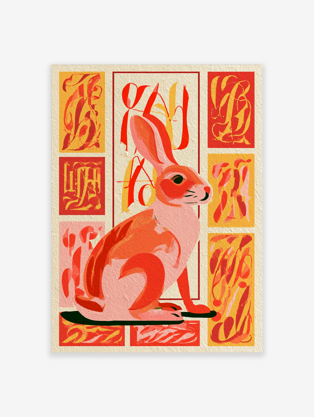 Red and pink rabbit art print with abstract calligraphy panels on cream background