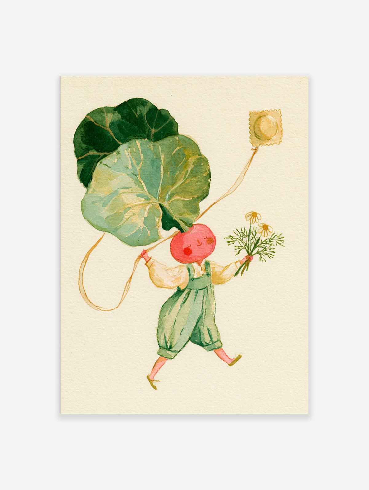 Whimsical watercolour poster of a smiling red radish character in green overalls holding a giant leaf and daisies