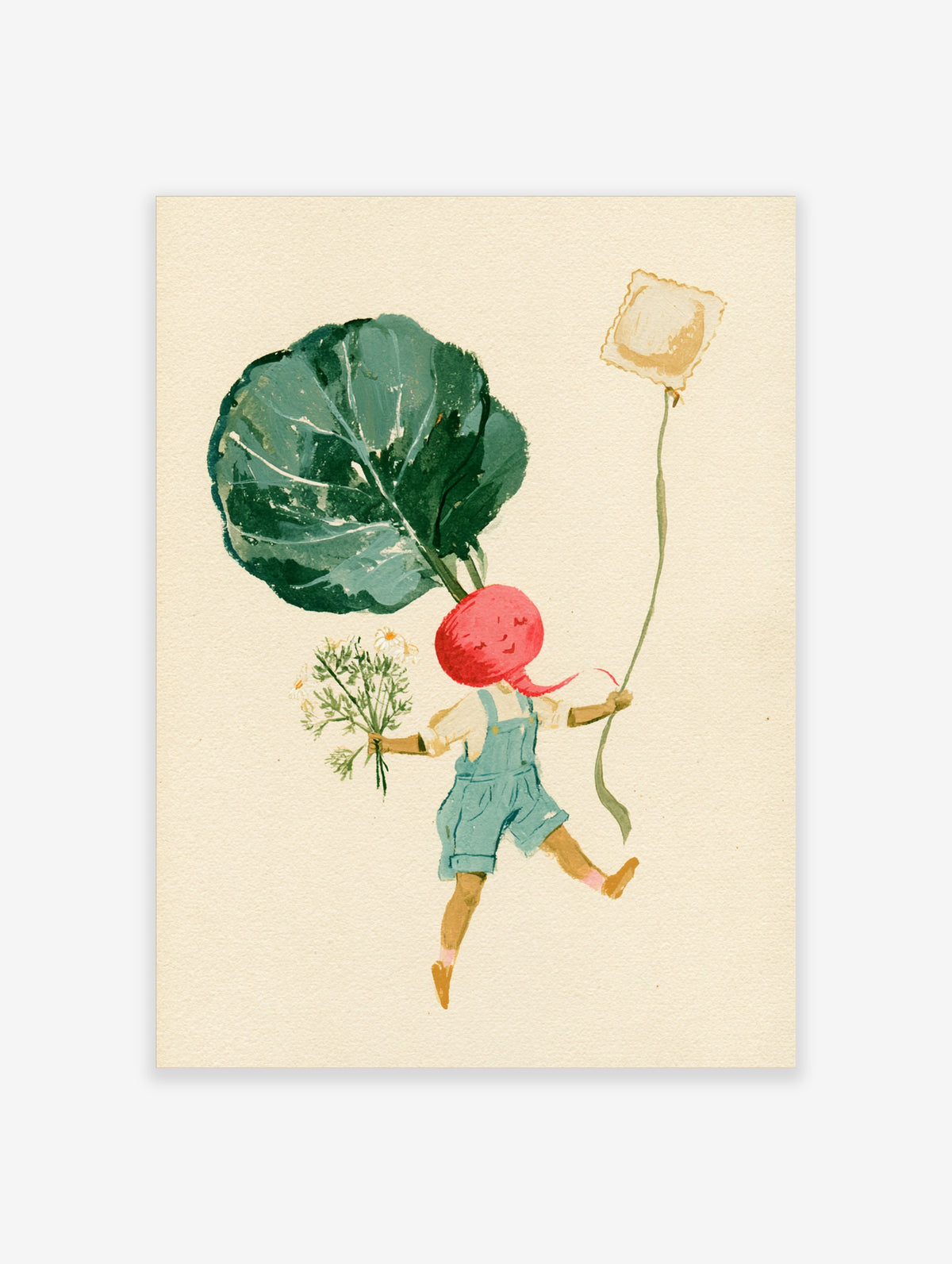 Whimsical illustration of a child with a red radish head holding a giant leaf and daisies, floating with a beige balloon