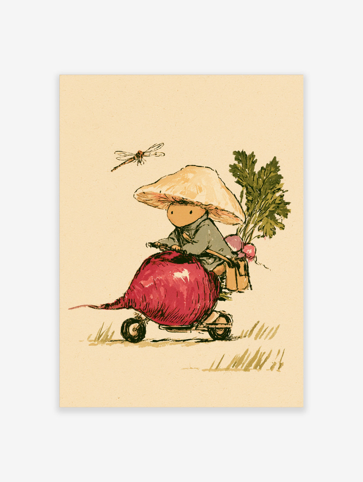 Illustration of a figure in a mushroom hat riding a red radish scooter with a dragonfly and leafy greens