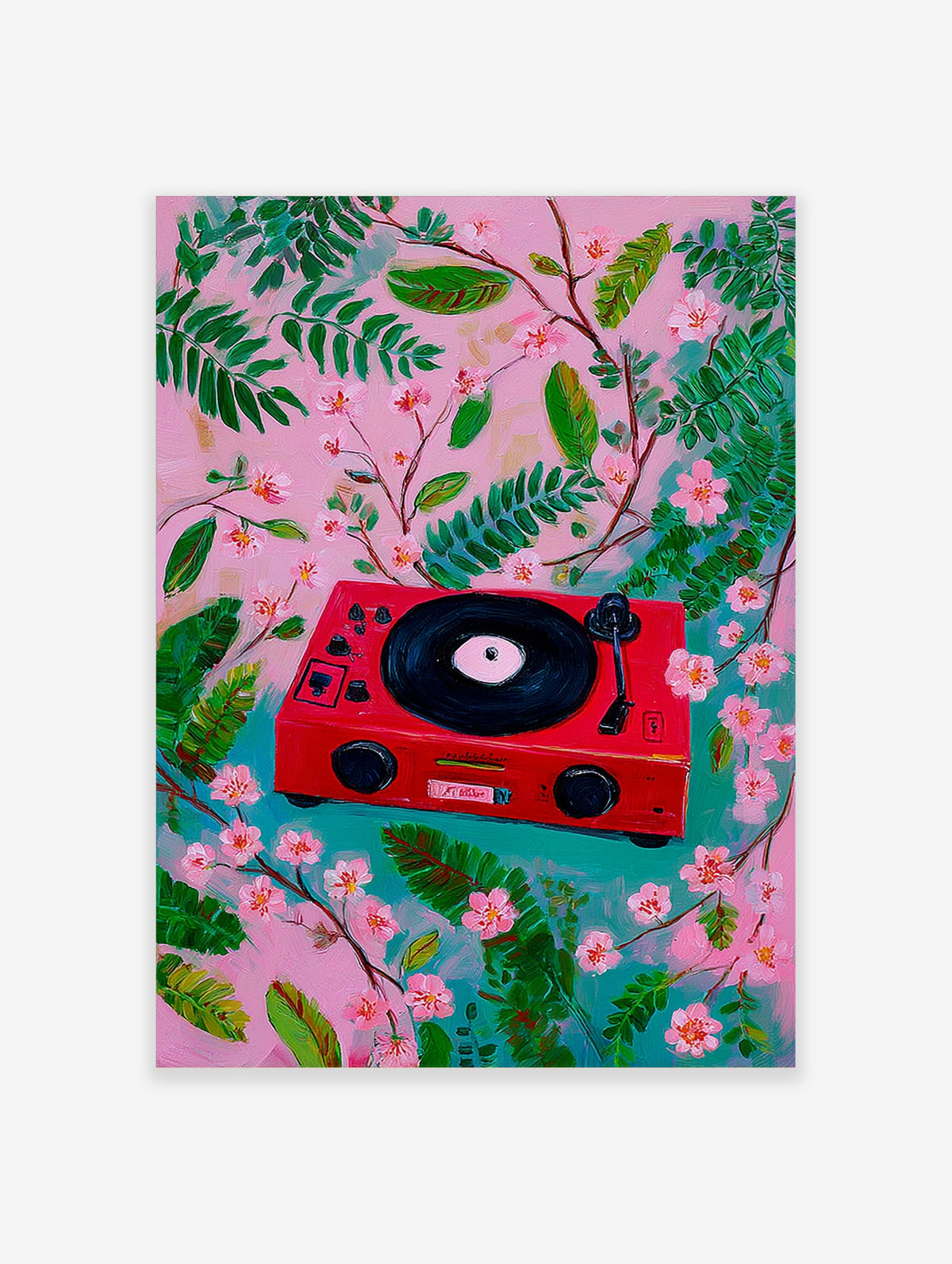 Red record player surrounded by pink flowers and green leaves on teal background, botanical music art print
