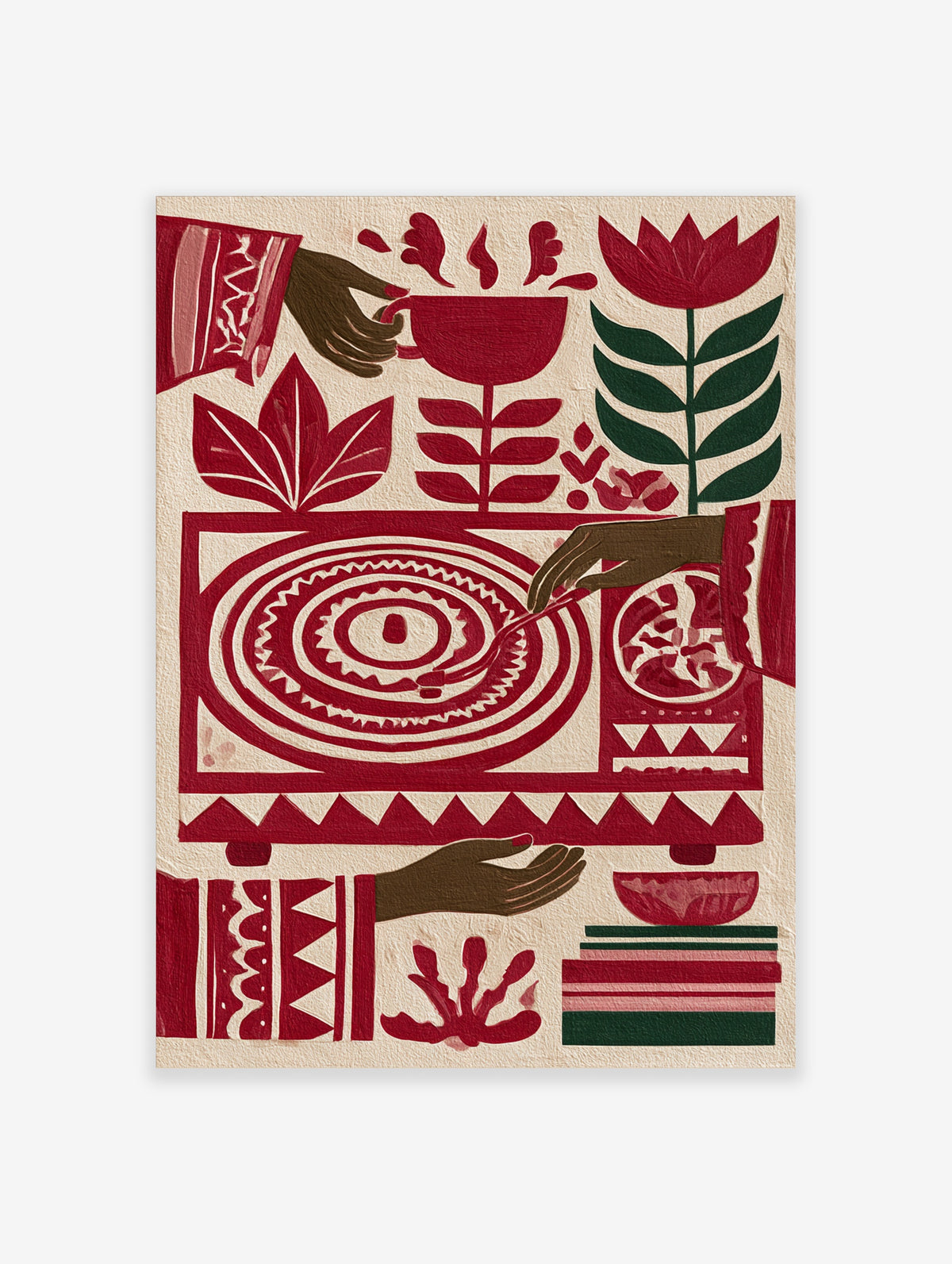 Stylised red record player wall art with botanical flowers and hands in a vibrant folk art illustration style
