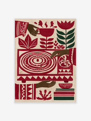 Stylised red record player wall art with botanical flowers and hands in a vibrant folk art illustration style