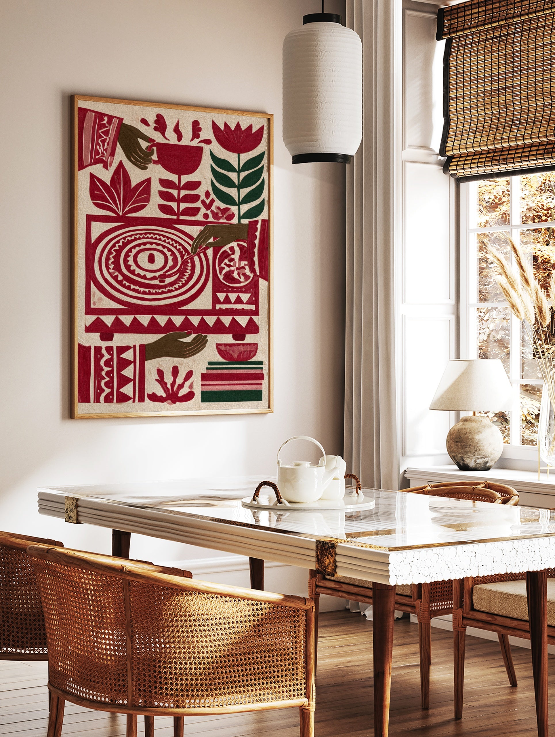 Stylised red record player wall art with botanical flowers and hands in a vibrant folk art, in a styled room mockup