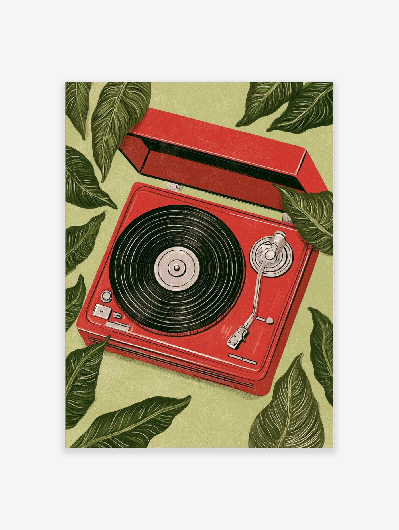 Illustrative print of a red record player surrounded by large green tropical leaves on a light green background