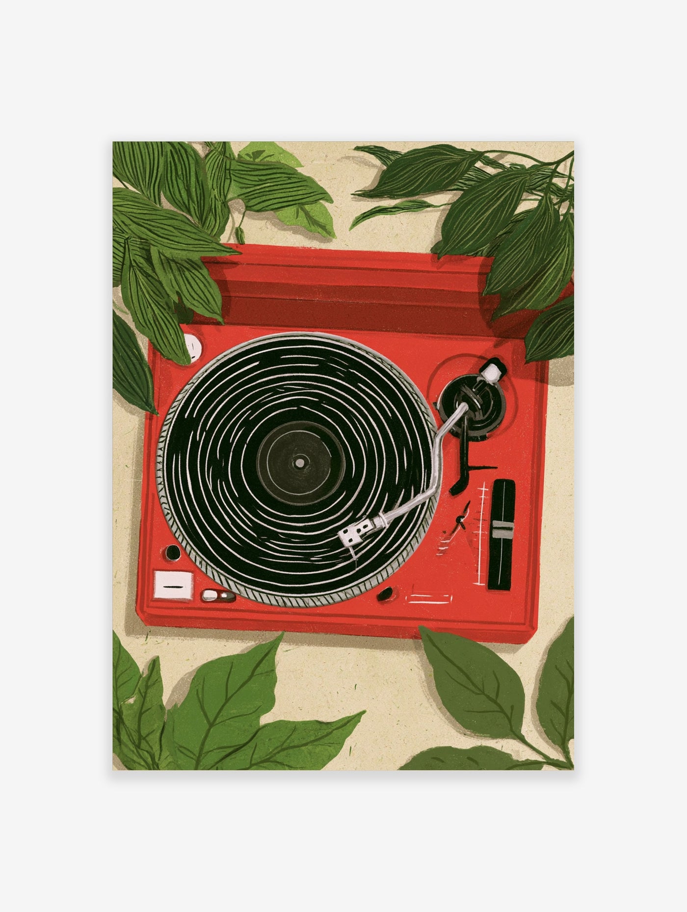 Vibrant illustration of a red record player surrounded by tropical green leaves on a beige background