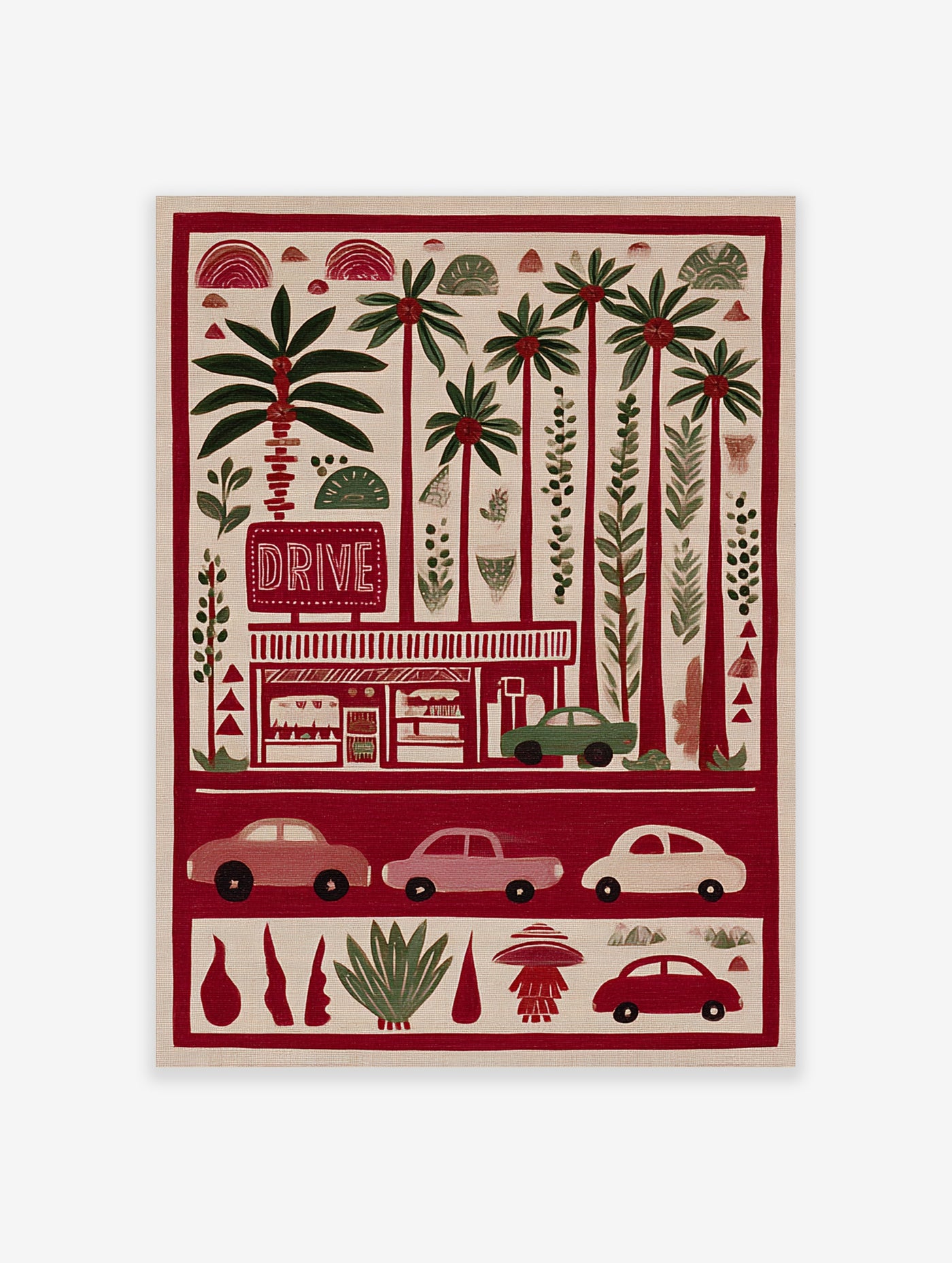 Red retro drive-in poster with palm trees, vintage cars, and DRIVE sign