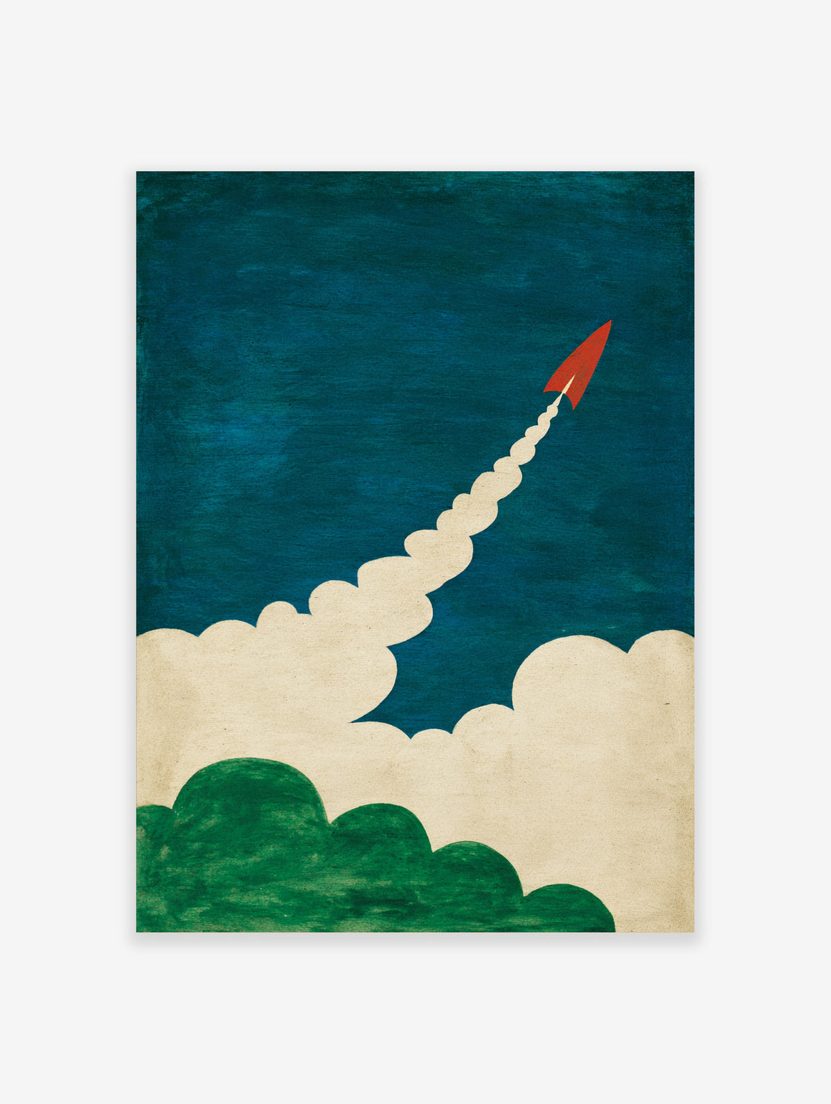 Red rocket poster with white smoke trail, blue sky, cream clouds and green treetops