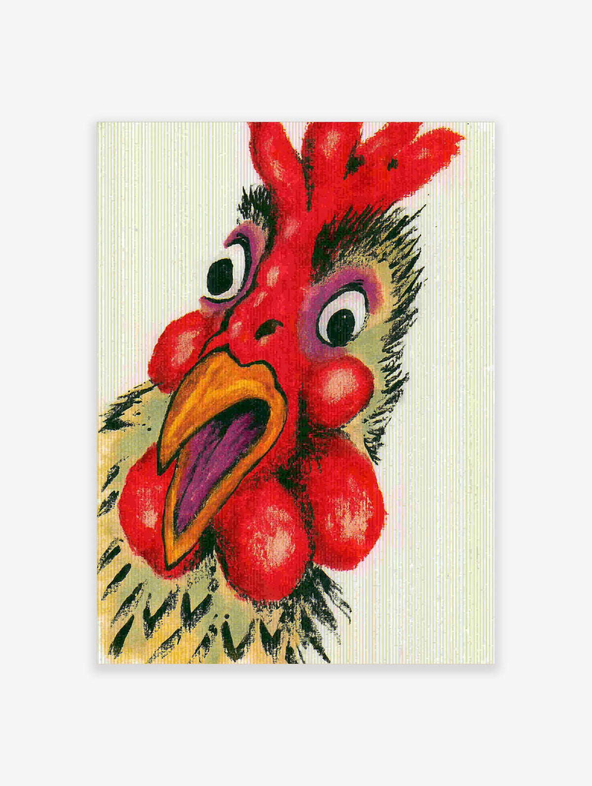 Red rooster head with open beak and purple comb, bold animal poster print