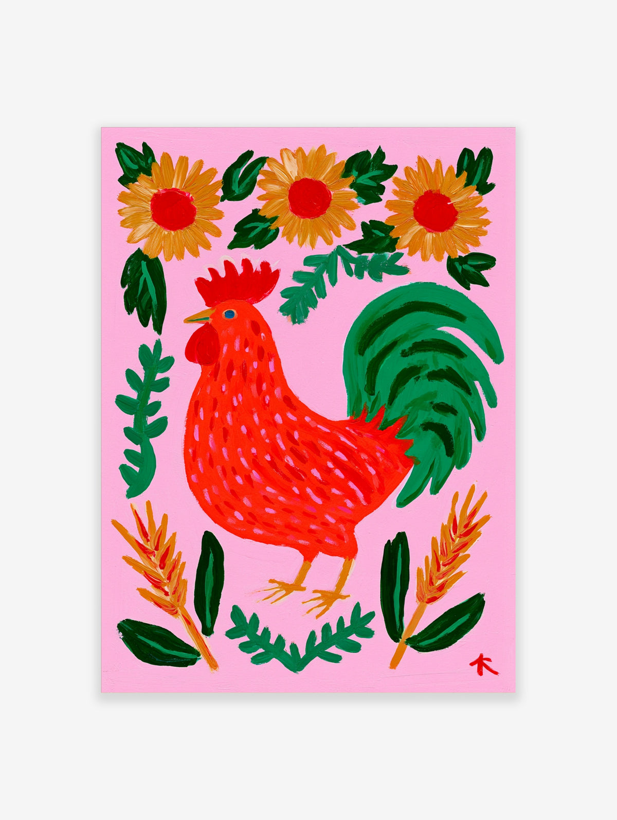 Red rooster folk art print with sunflowers on pink background, colourful animal wall art