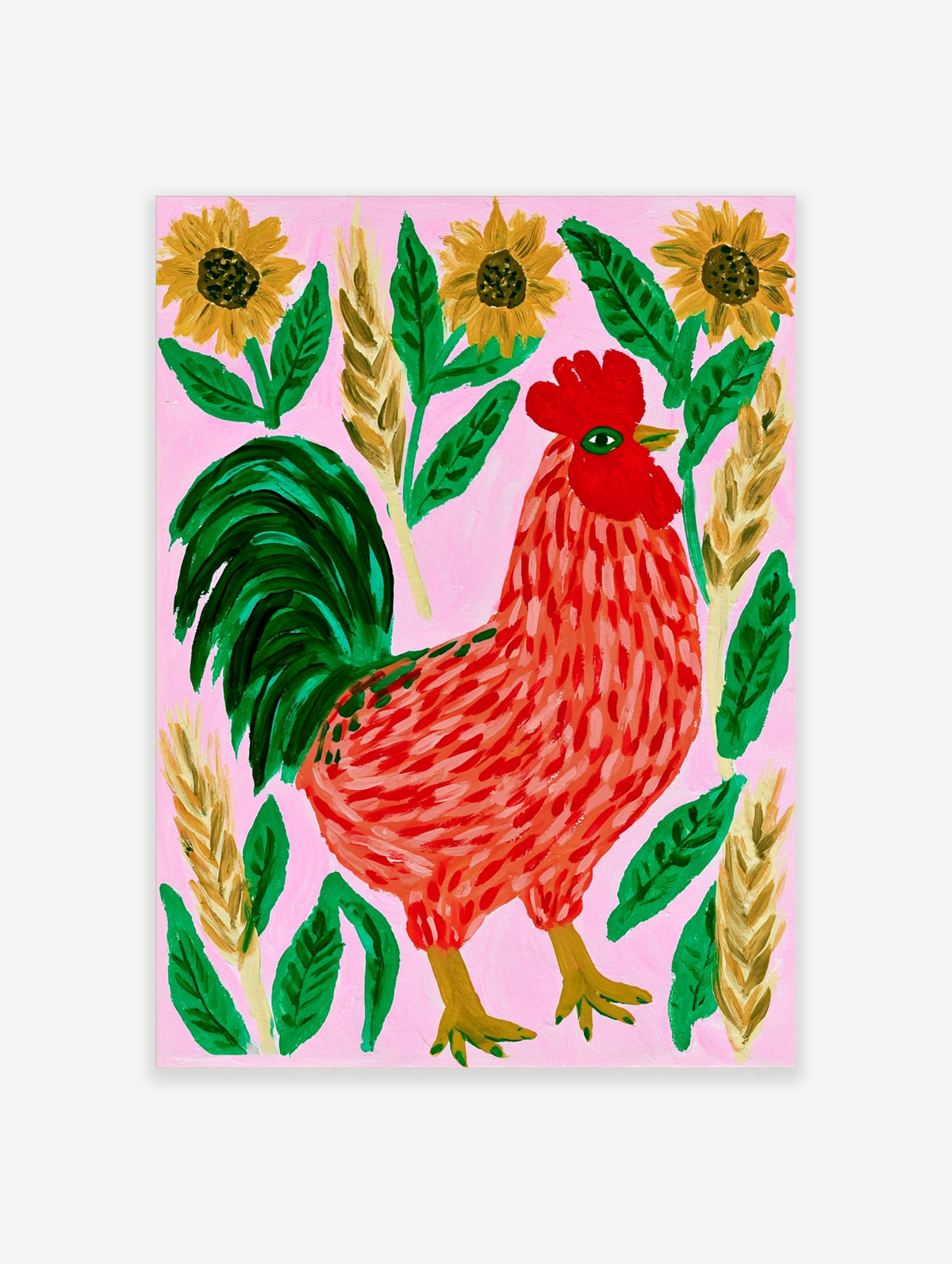 Red rooster folk art print with sunflowers and wheat on pink background
