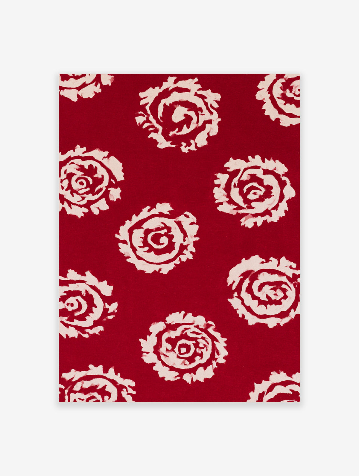Red rose wall art with stylised white blooms on deep red background, vertical composition