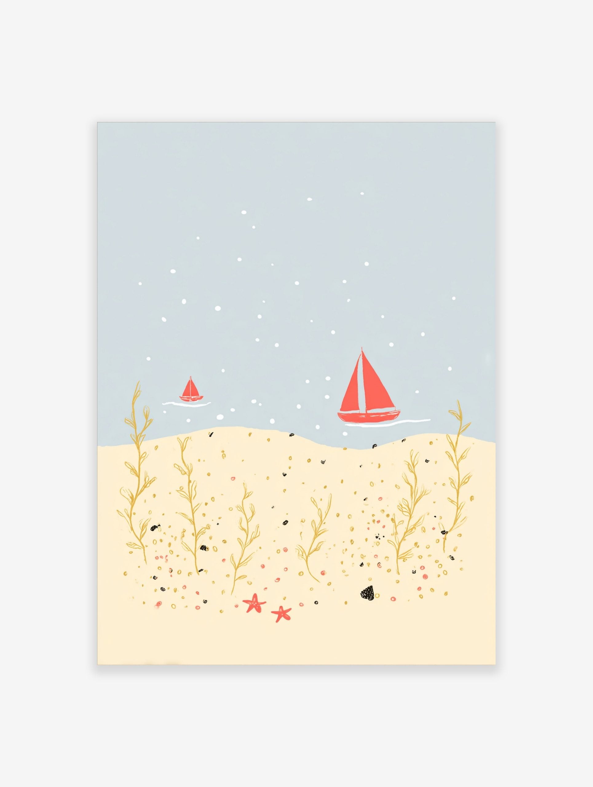 Illustrative coastal scene with red sailboats on blue water, golden seaweed, and red starfish on a sandy seabed