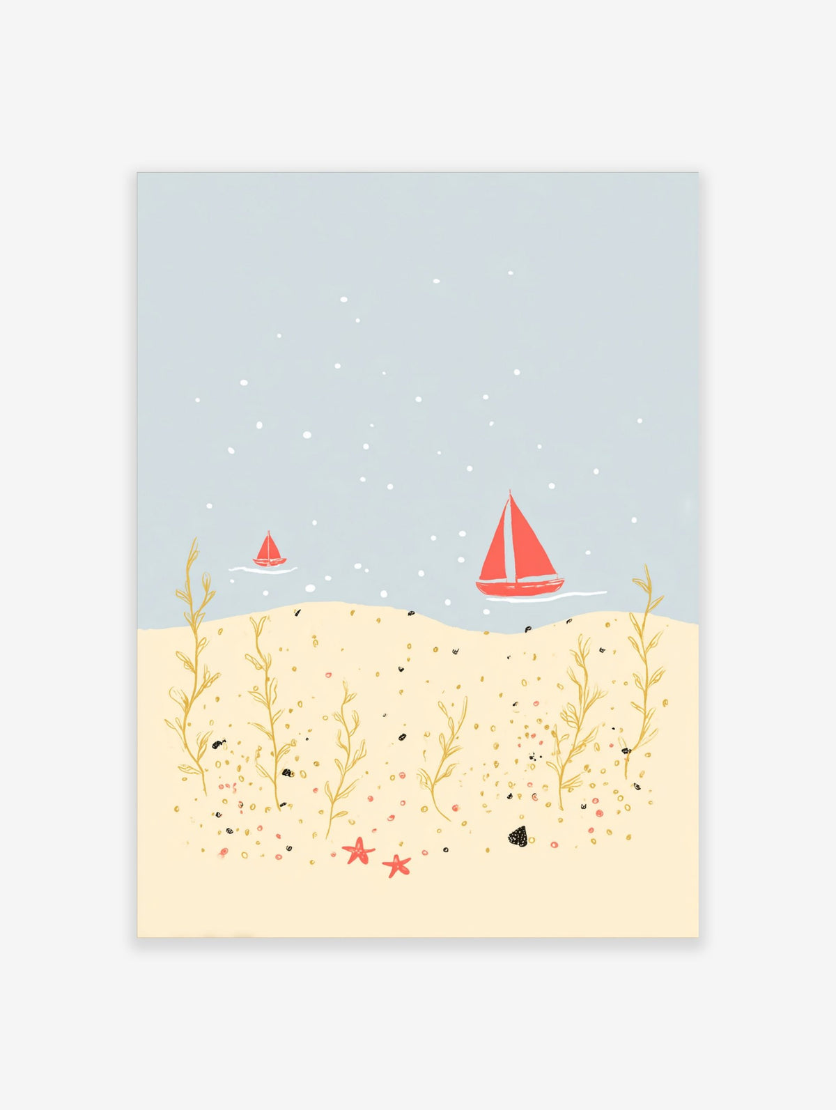 Illustrative coastal scene with red sailboats on blue water, golden seaweed, and red starfish on a sandy seabed