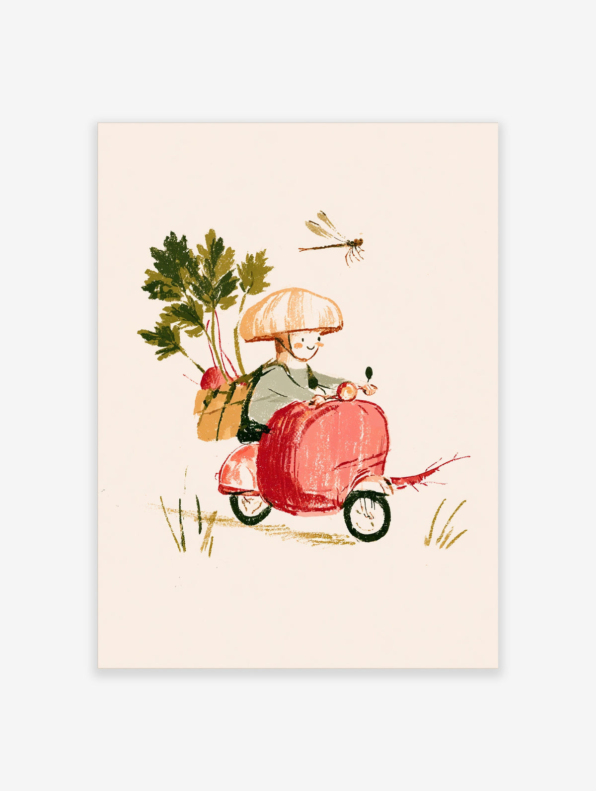 Illustrated red scooter poster with mushroom-hat rider carrying radishes and a dragonfly above