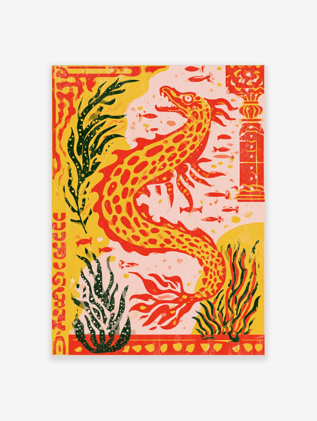 Red sea serpent with yellow spots and open jaws curling through green seaweed on a pink and yellow background