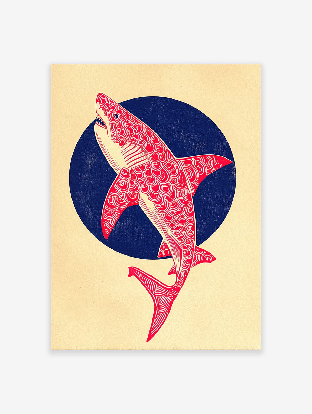Red patterned shark illustration leaping from a dark blue circle on a cream background, portrait orientation