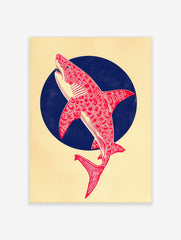 Red patterned shark illustration leaping from a dark blue circle on a cream background, portrait orientation