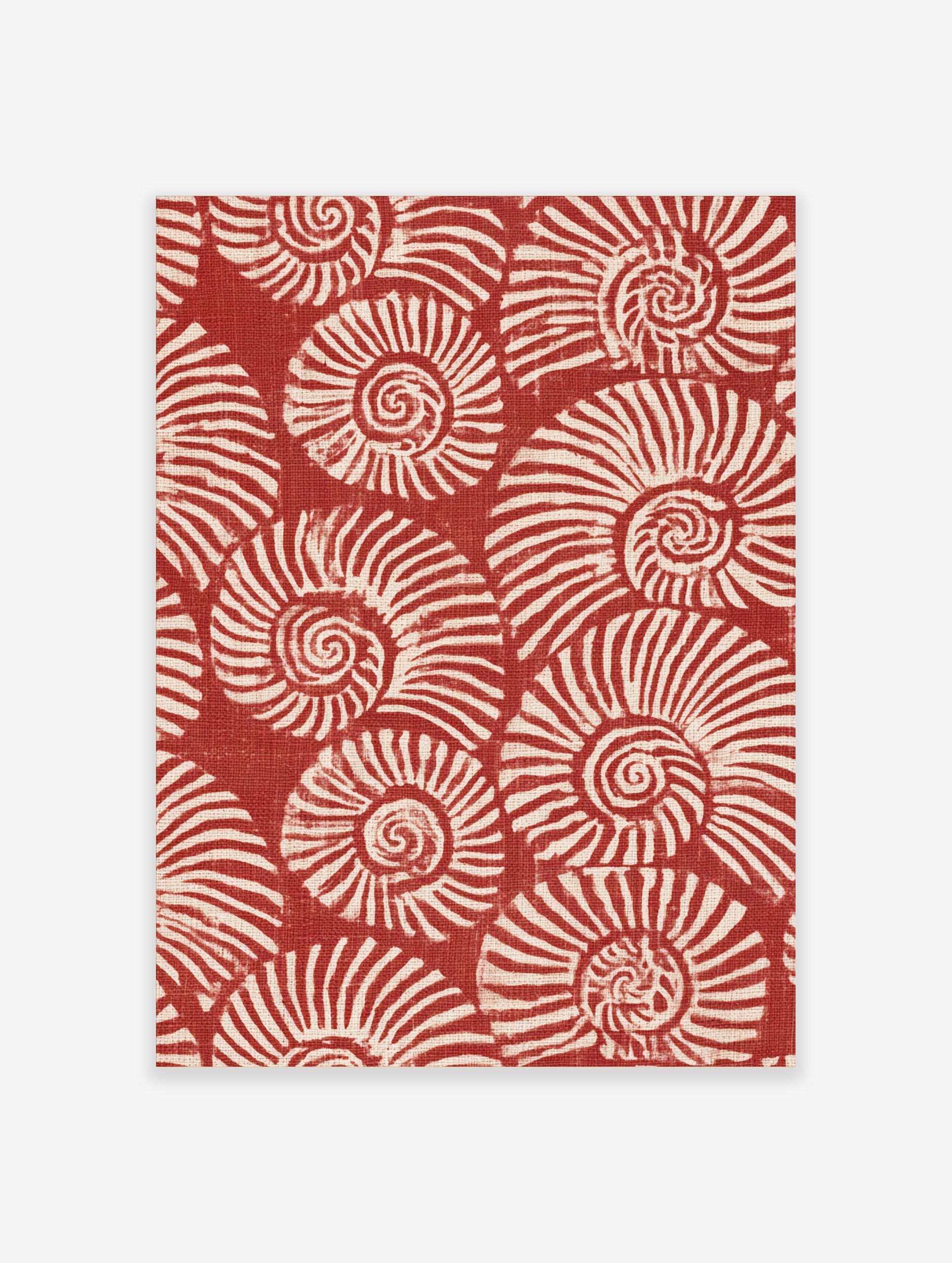 Repeating pattern of white spiralling nautilus shells on a deep red background, illustrative wall art print