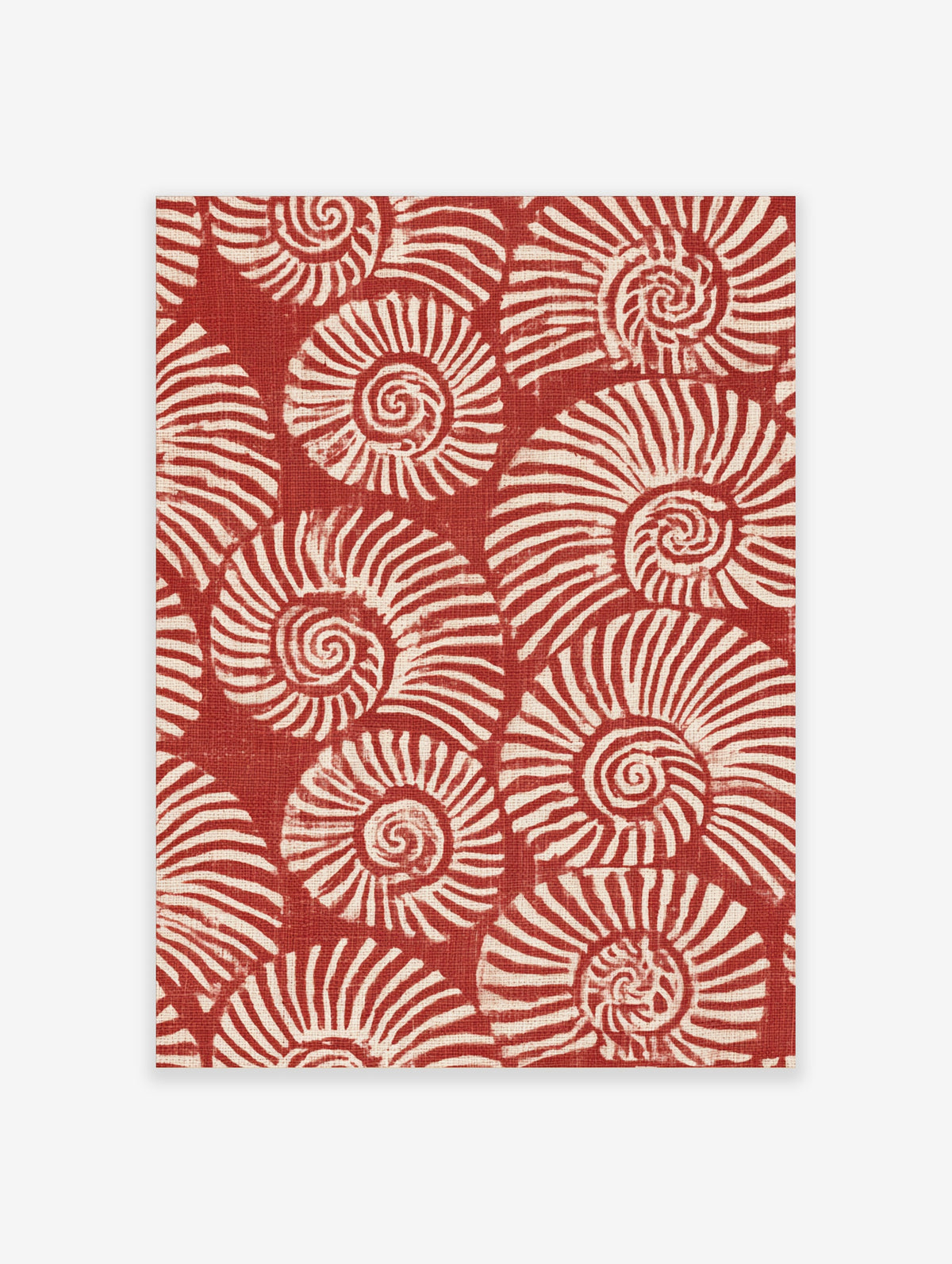 Repeating pattern of white spiralling nautilus shells on a deep red background, illustrative wall art print
