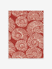 Repeating pattern of white spiralling nautilus shells on a deep red background, illustrative wall art print
