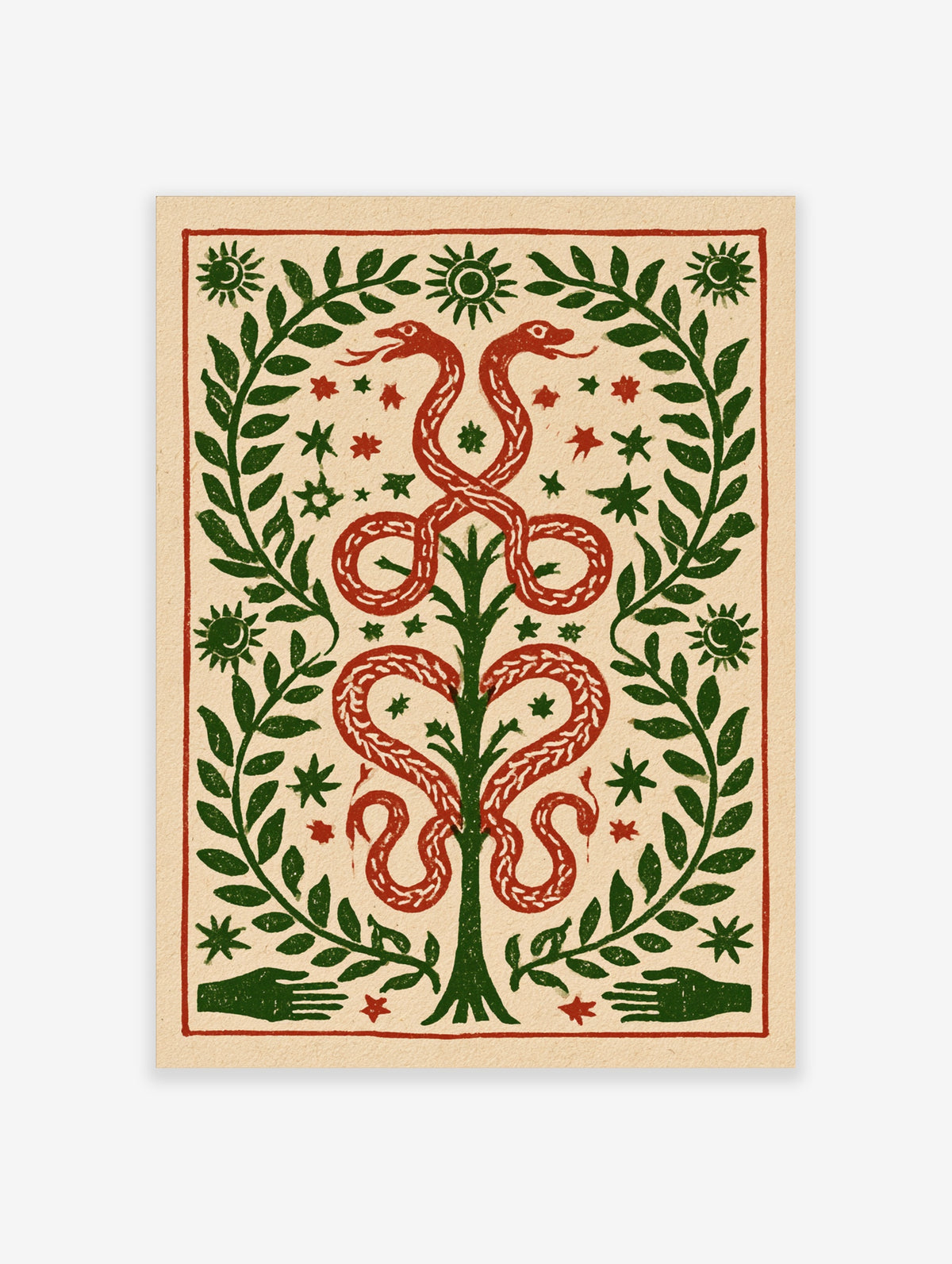 Red serpents entwined around a green tree with sun faces and stars on beige background art print